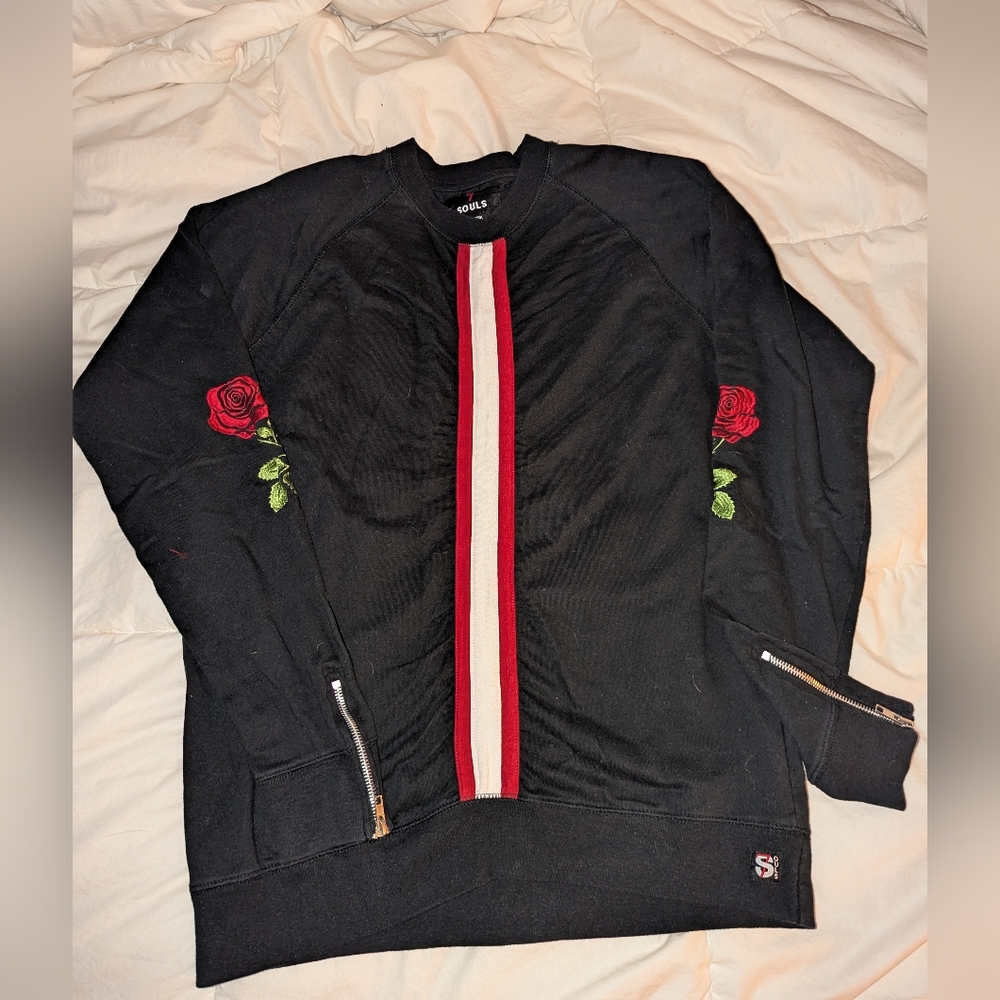 Men's Black Long Sleeve Tee with Red Accents